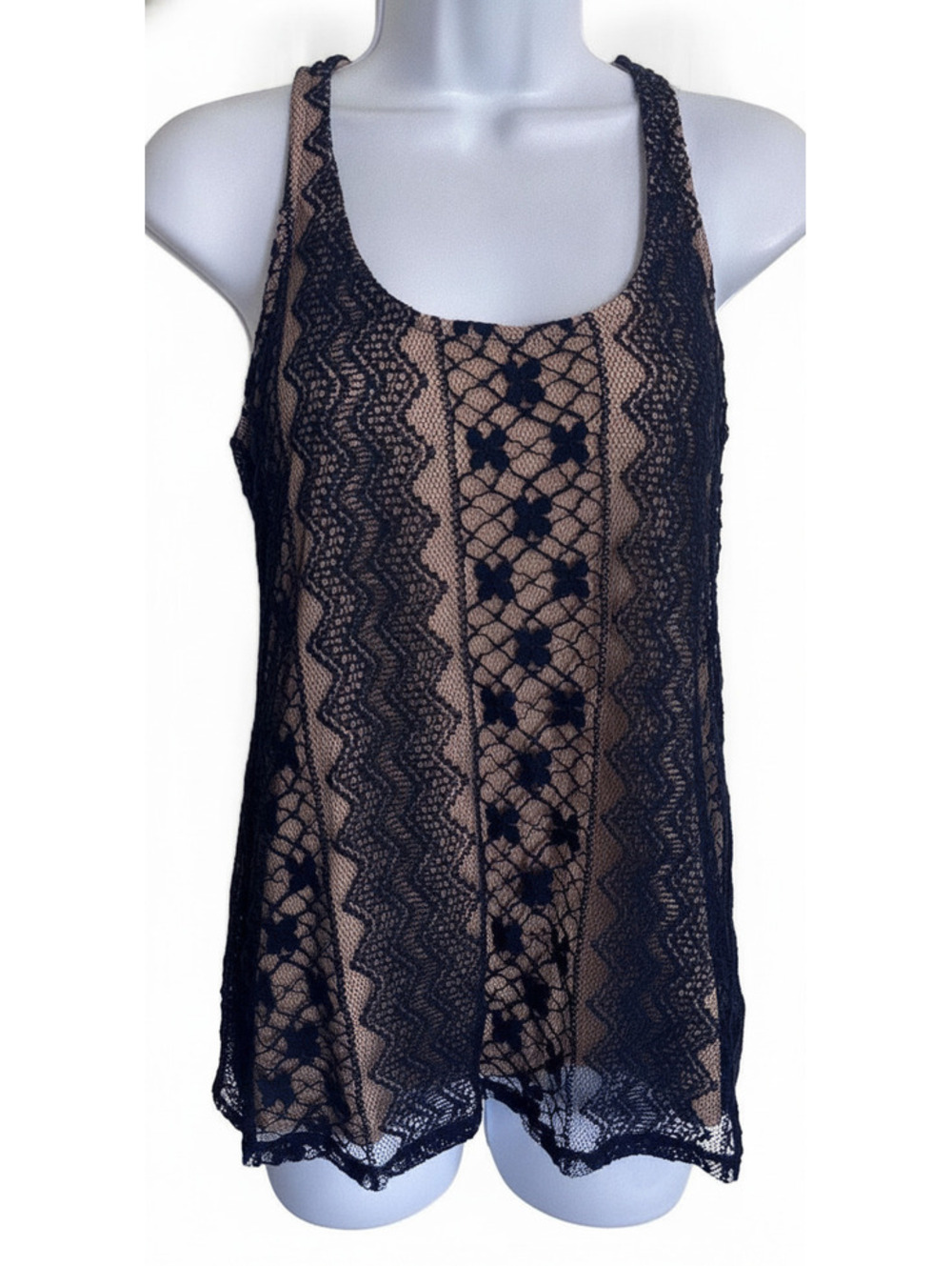 Ella Moss Navy Blue Geometric Crochet Lace Panel Tank Top Nude Lining Small